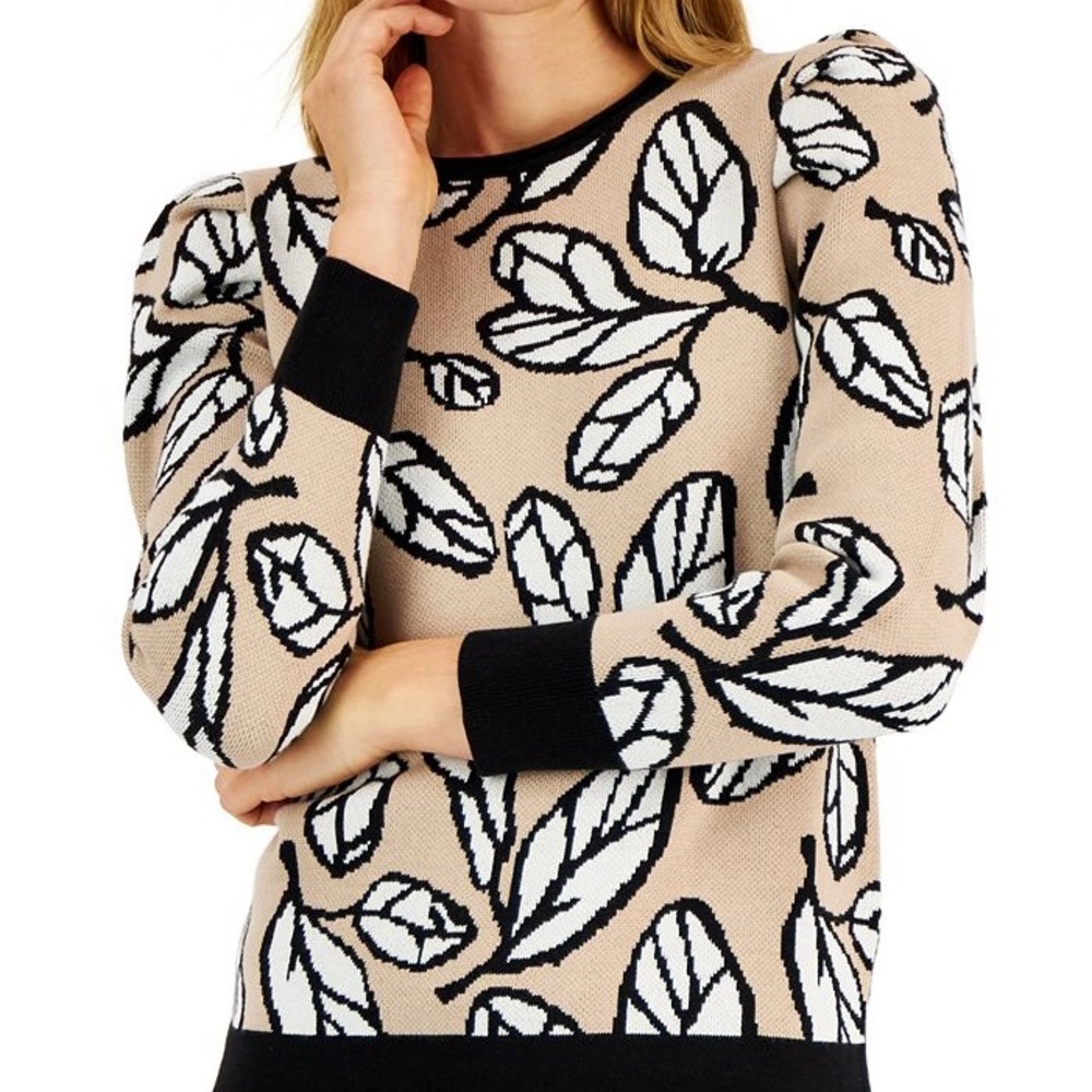 Anne Klein Puff Sleeve Leaf Print Sweater